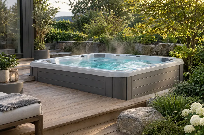 Outdoor-Whirlpool auf einer Gartenterrasse