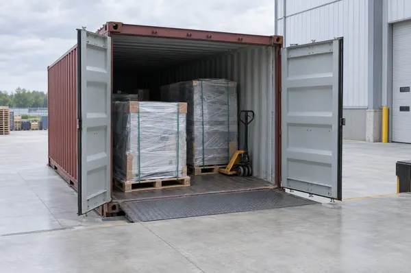 Shipping container being loaded at a factory